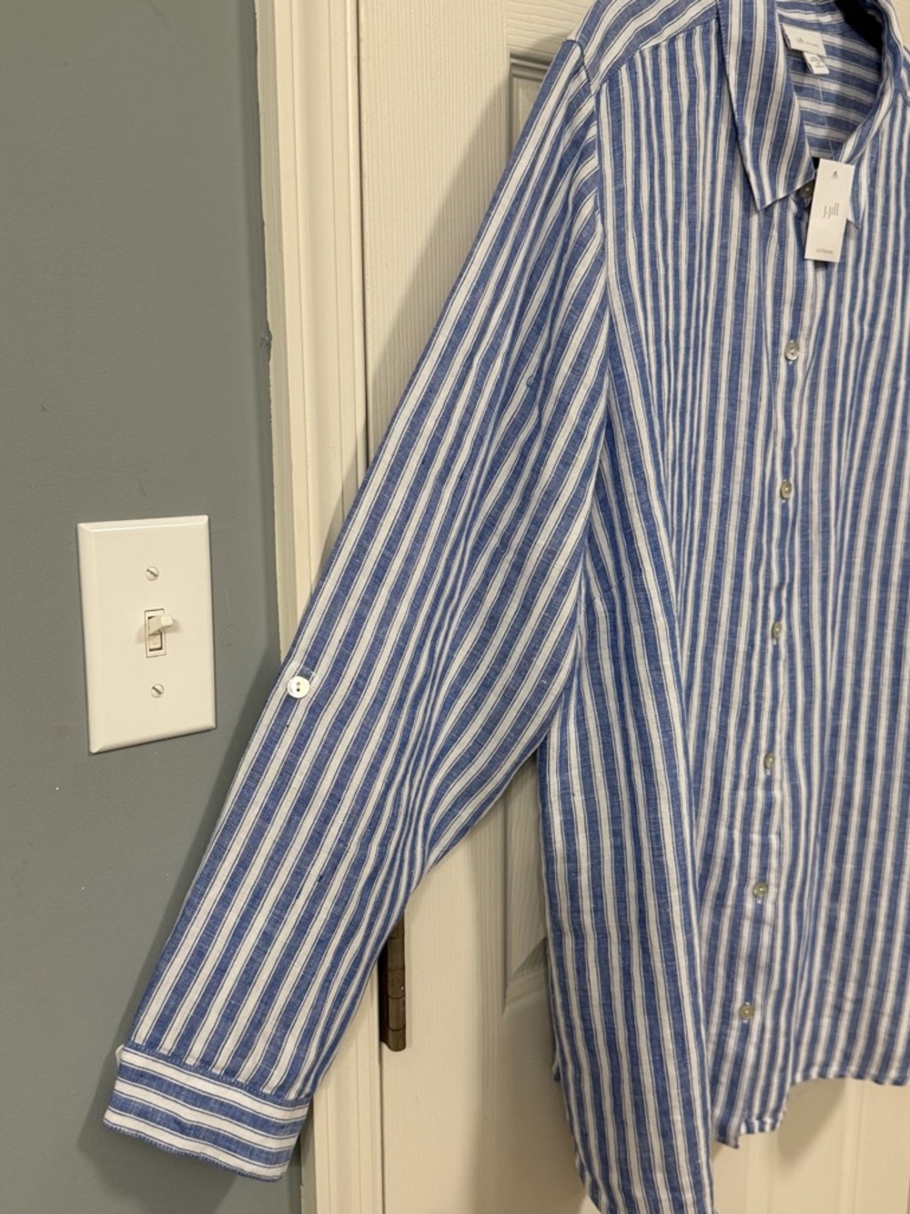 J. Jill Blue and White Striped Linen Button-Front Shirt - Picture 7 of 16